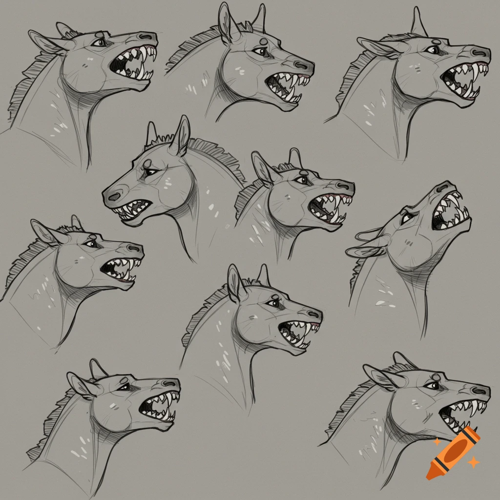Sketch studies of kelpie heads baring teeth in side profile.