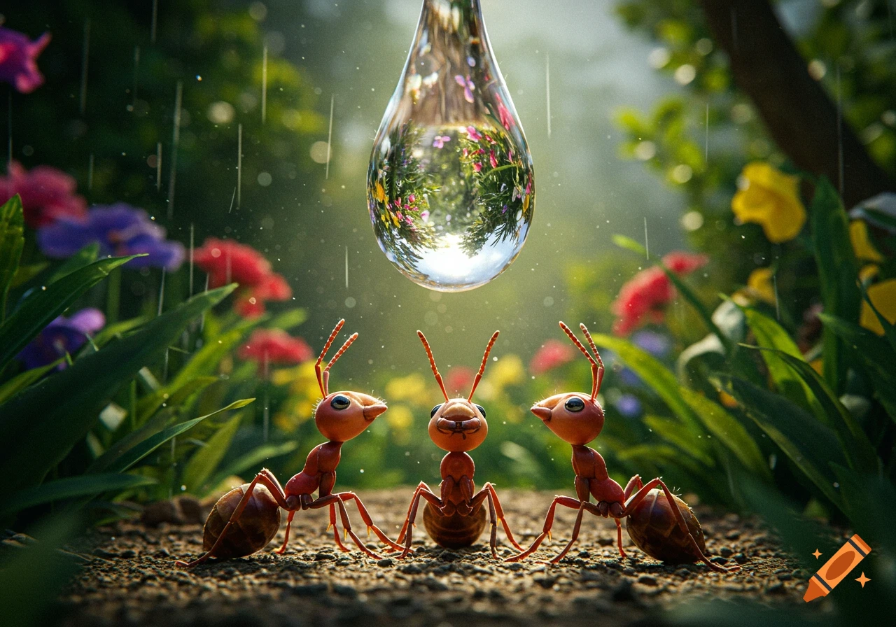 Three cartoon ants look up at a large raindrop reflecting a garden, rain falling around them.