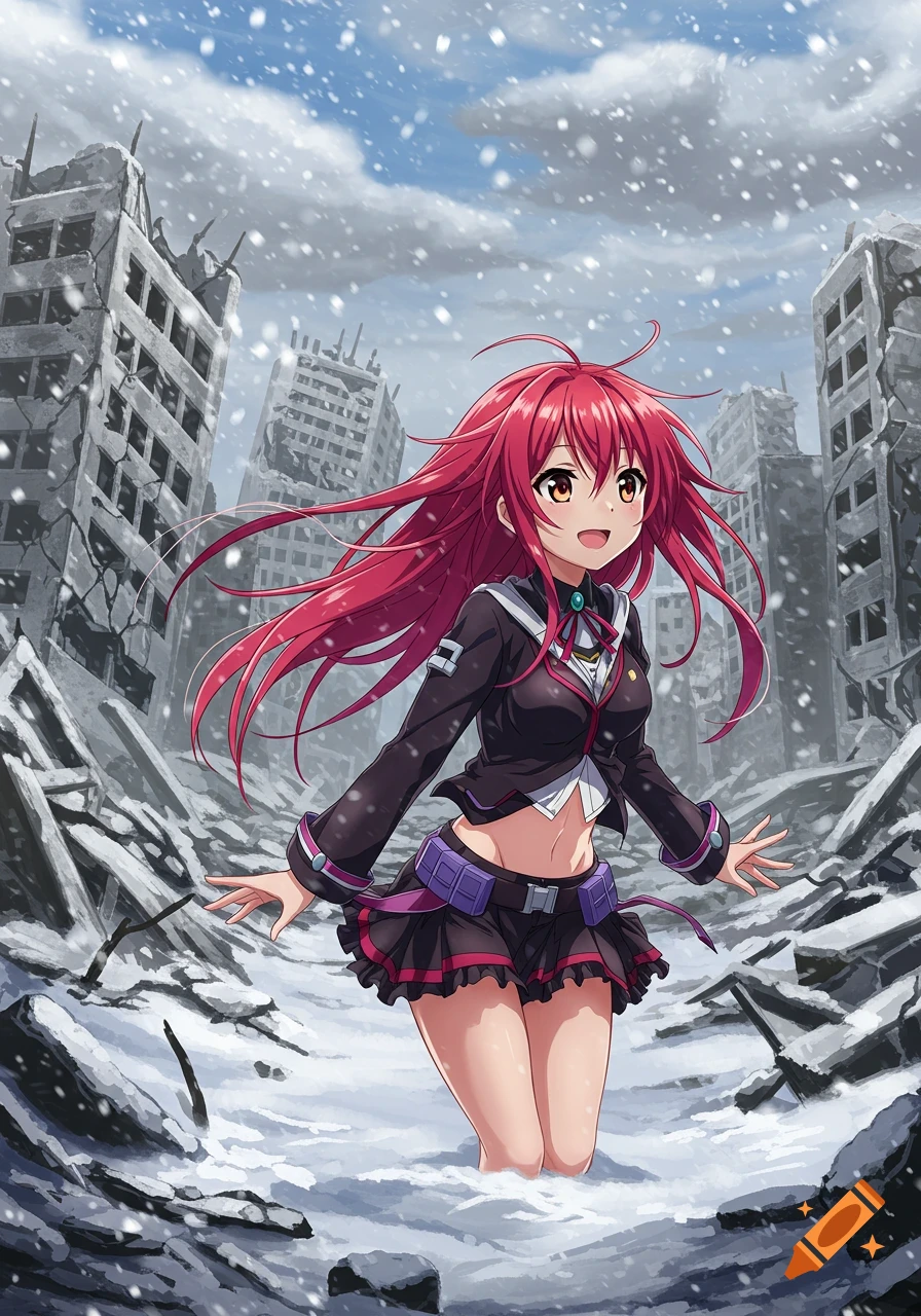 Anime girl with red hair standing in a snowy ruined city
