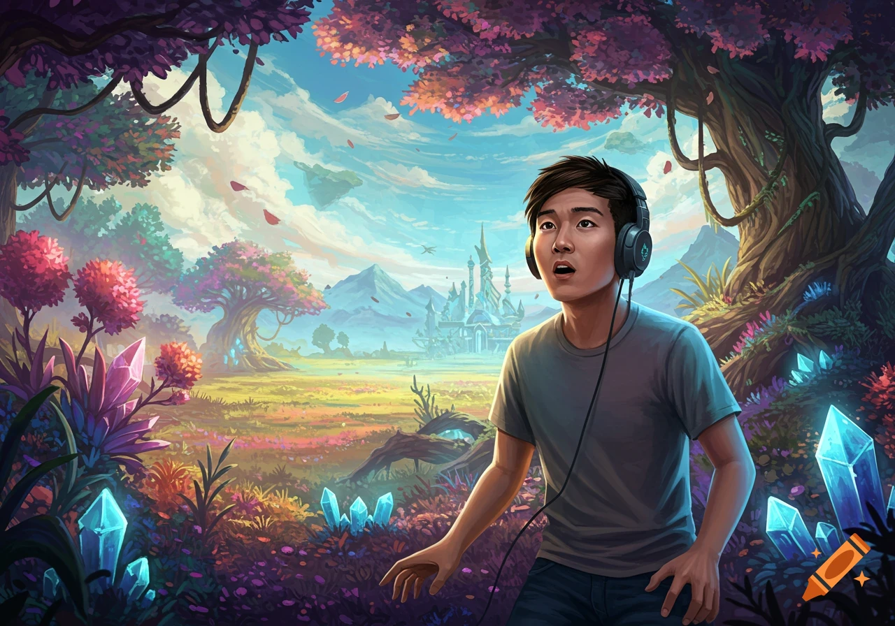 A young man wearing headphones looks surprised in a vibrant fantasy landscape with crystals and trees.