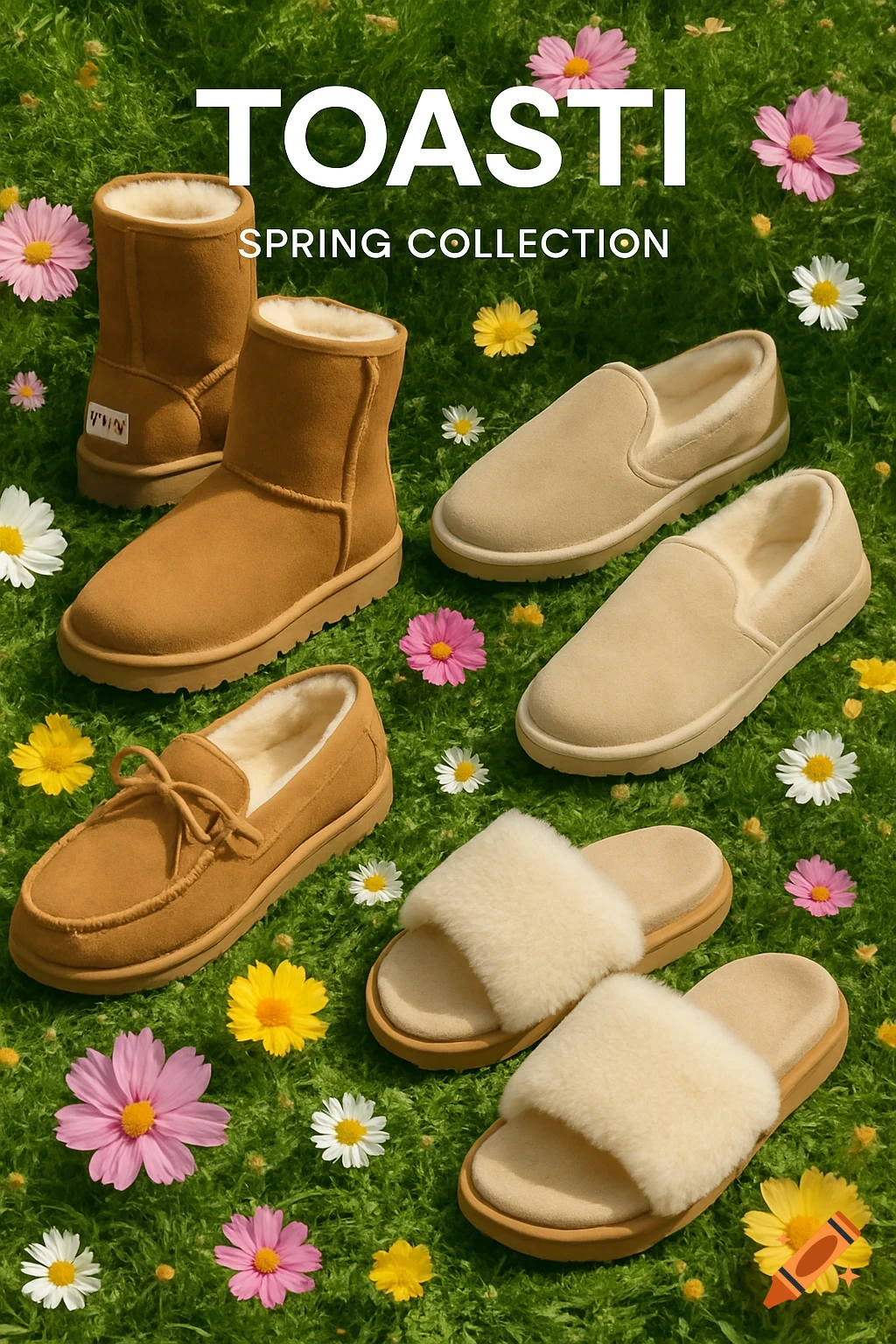 A collection of brown and beige suede and shearling boots, loafers, and sandals on green grass with scattered spring flowers.