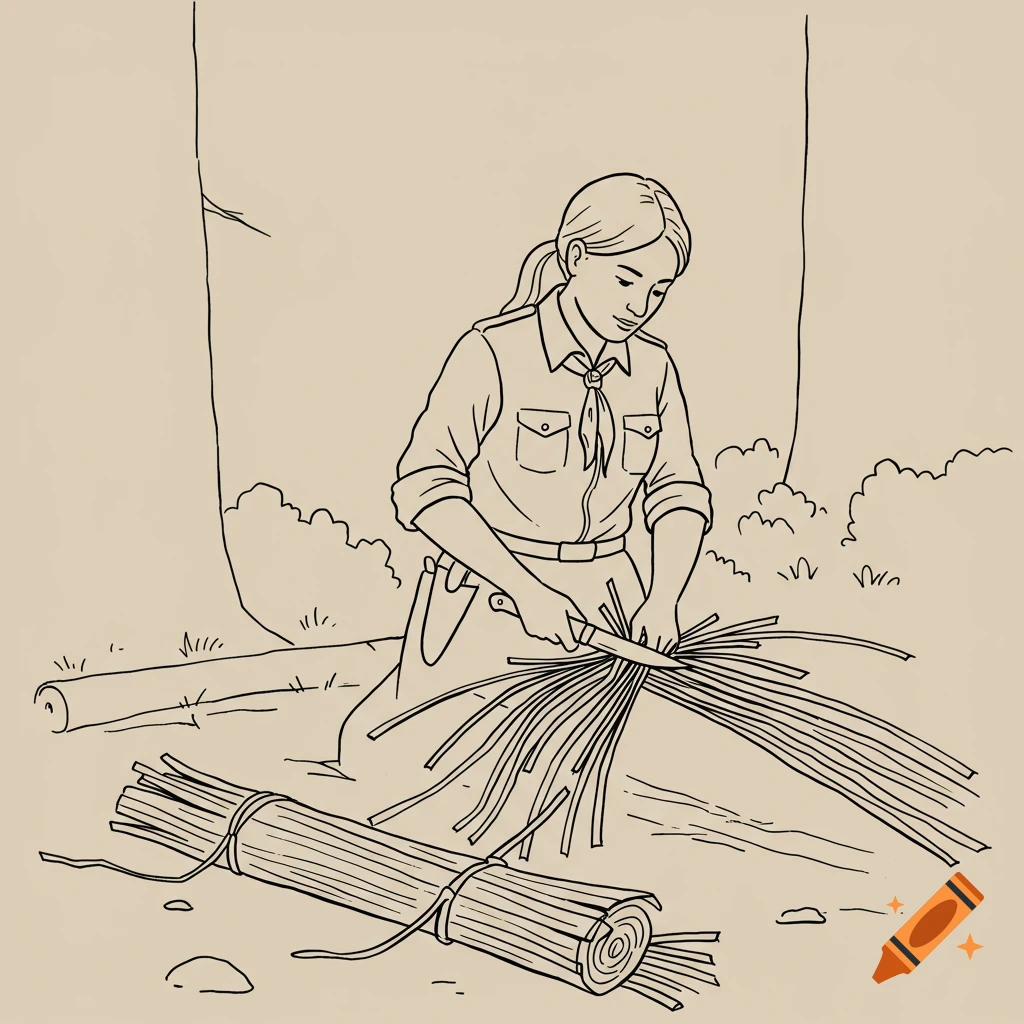 Line drawing of a woman cutting material into strips with a knife outdoors.