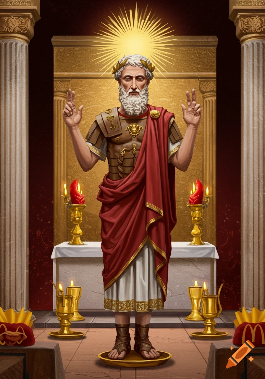 A robed figure in a temple setting, with golden McDonald's bags at the base of pillars.