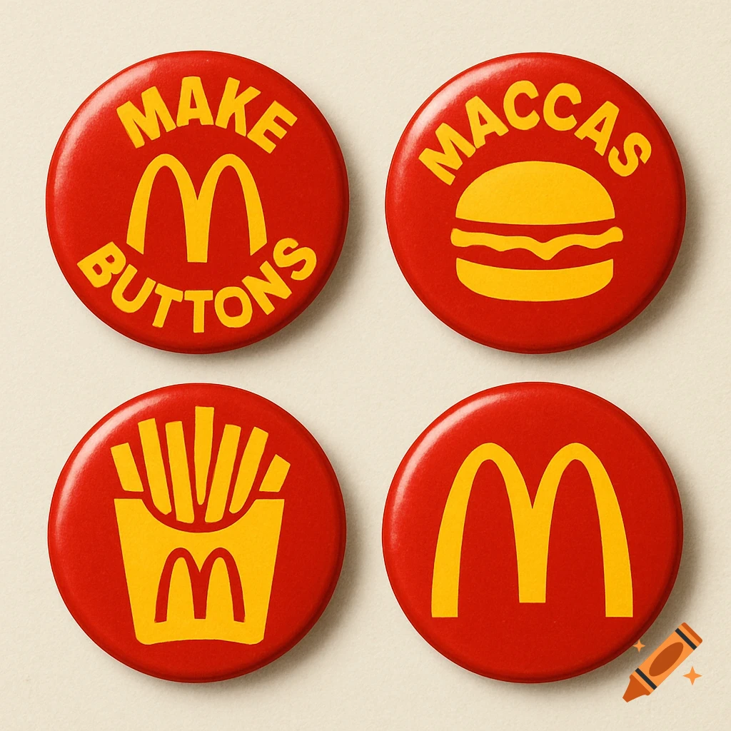 Four red and yellow pin buttons with McDonald's/Maccas themes, featuring text and icons.