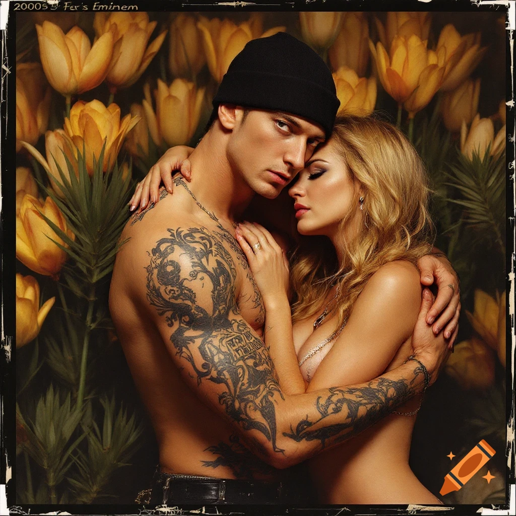 Shirtless man with tattoos hugging a woman in front of flowers, vintage style photo.