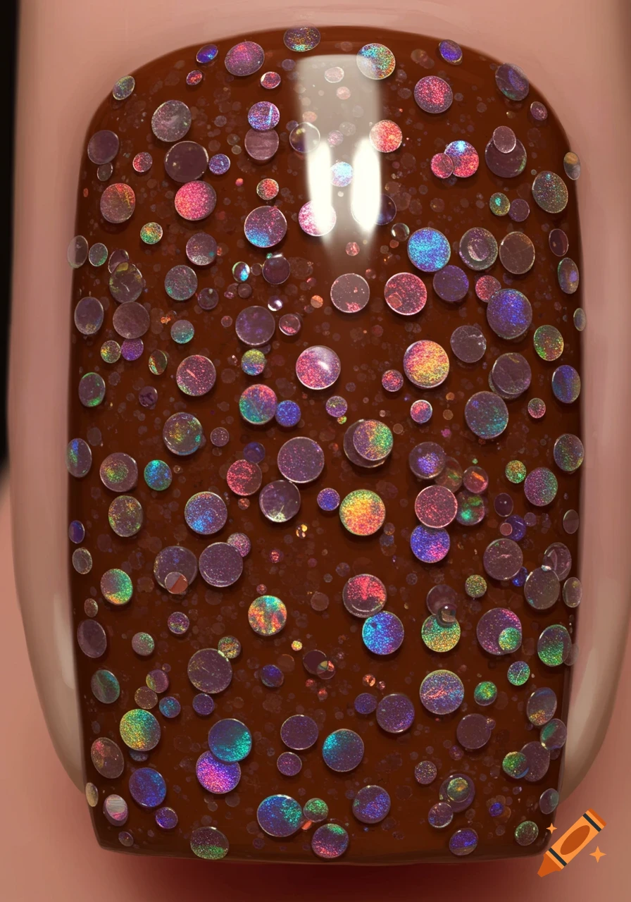 Close-up of a brown fingernail covered in iridescent holographic glitter circles.