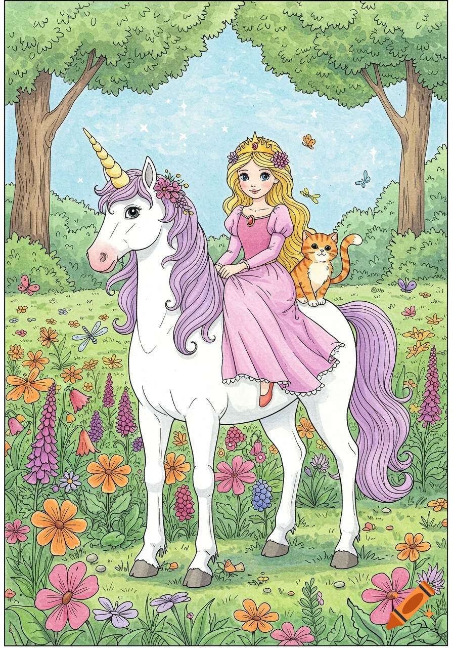 A princess rides a unicorn with a cat in a flowery field in a coloring page style illustration.