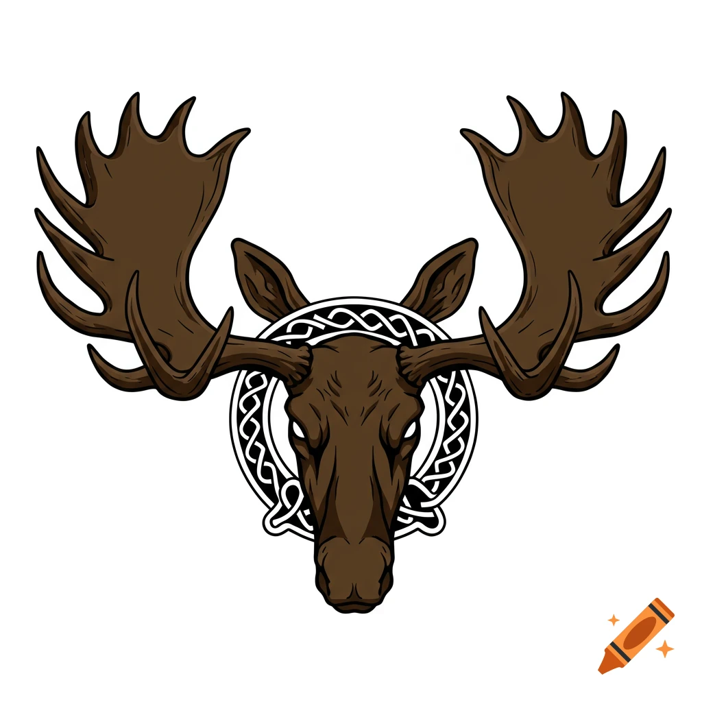 Illustration of a brown moose head with large antlers and a Celtic knot circle behind it.
