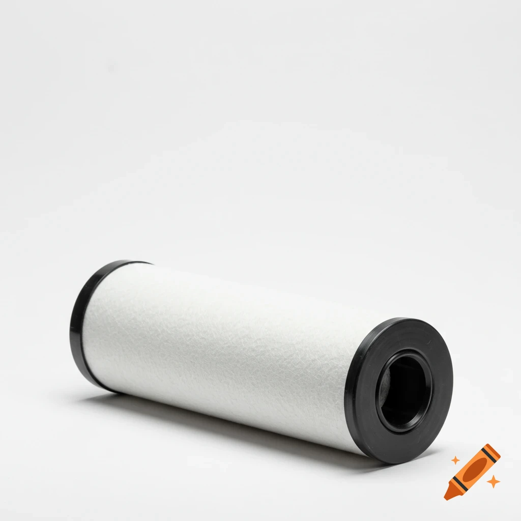 A white prefilter cartridge with black caps on a white background.