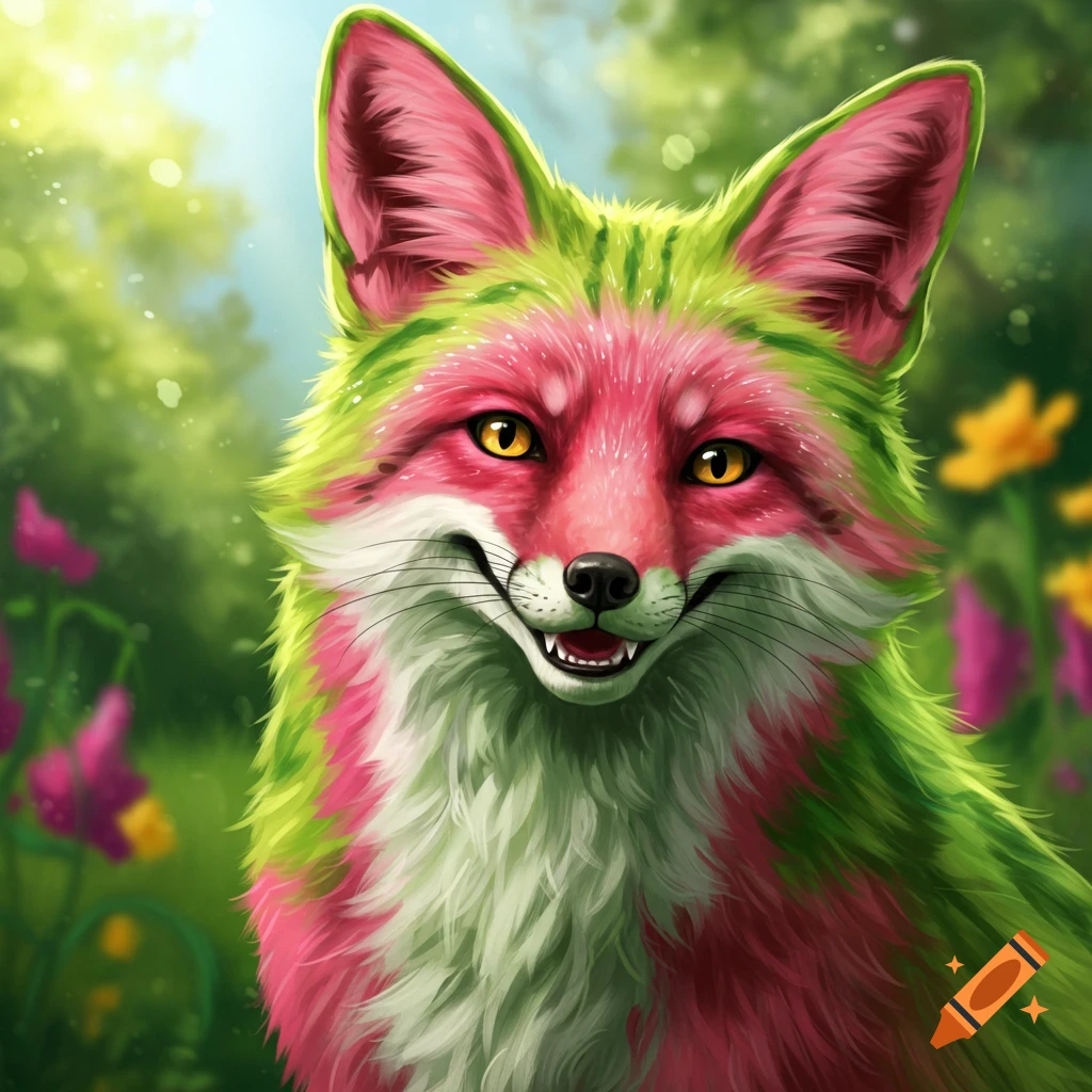 A colorful fox with fur resembling a watermelon smiles in a forest clearing.