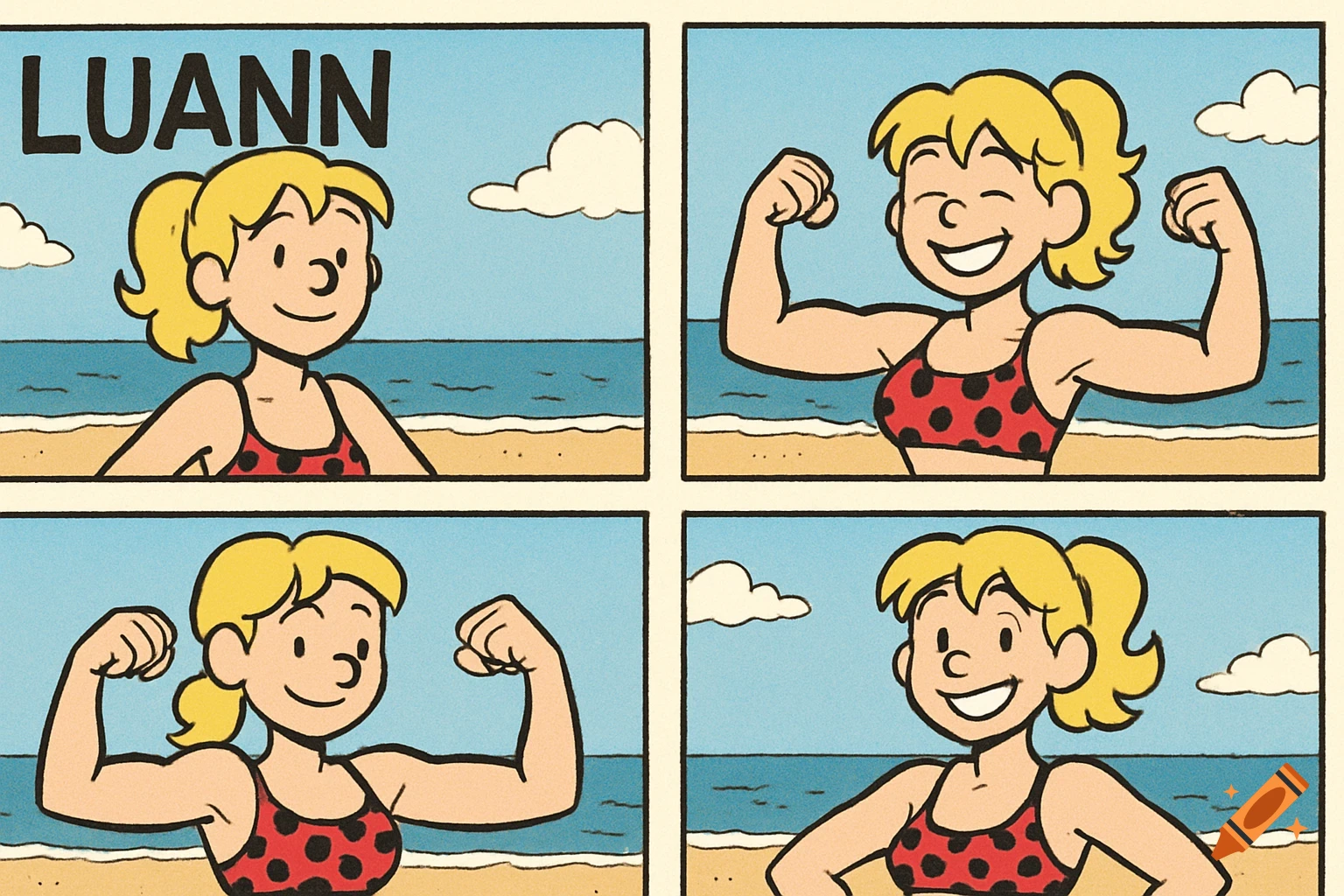 Cartoon comic strip of Luann flexing muscles at the beach.