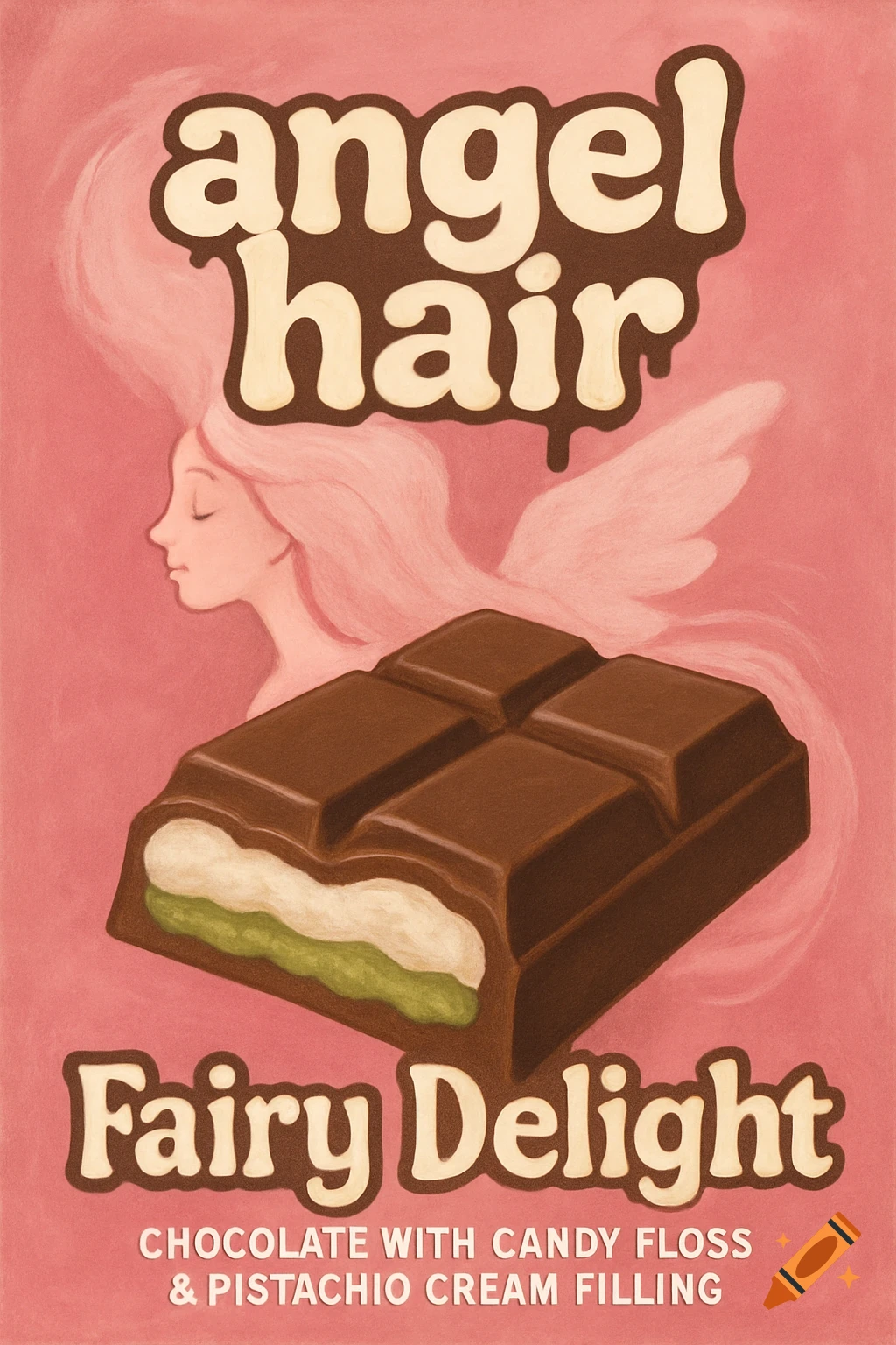 Advertising poster for "Angel Hair Fairy Delight" chocolate bar with white and green filling, featuring a stylized pink angel.