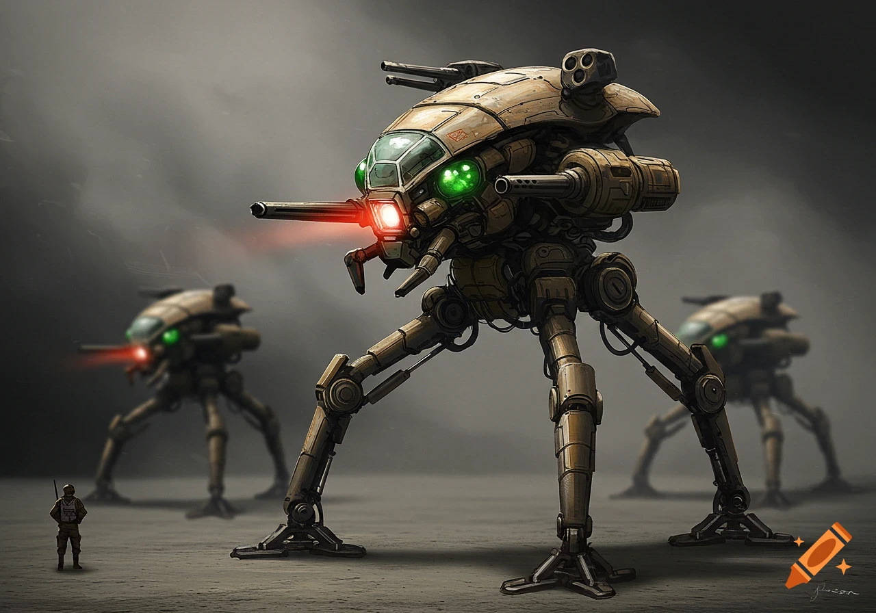 Three sci-fi tripod mechs stand on a desolate plain with a lone soldier in the foreground.