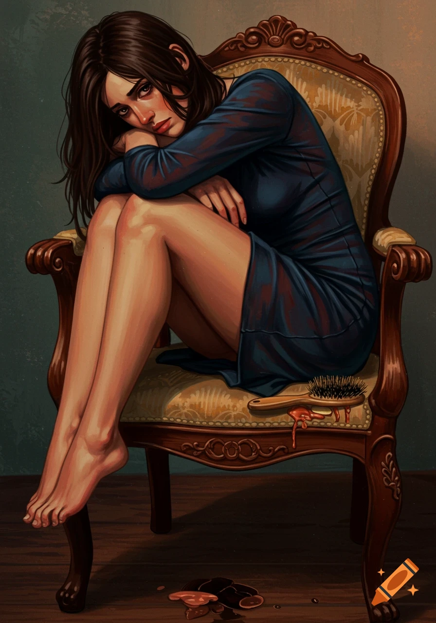 A sad woman sits on a chair with a bloody hairbrush and cut hair beside her in a painted style.