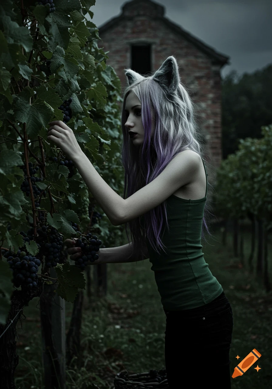 Fantasy figure with wolf ears picking grapes in a dark vineyard