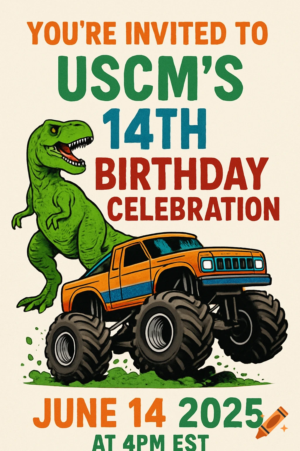 Illustrative birthday invite with a dinosaur on a monster truck and text details.