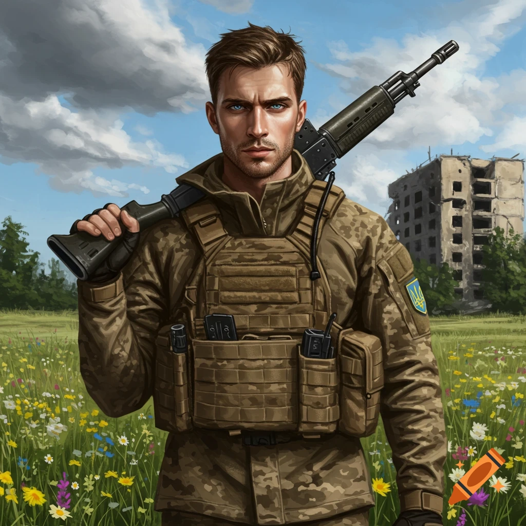 Illustration of a Ukrainian soldier in camouflage uniform with a rifle, standing in a field of flowers with a destroyed building behind him.