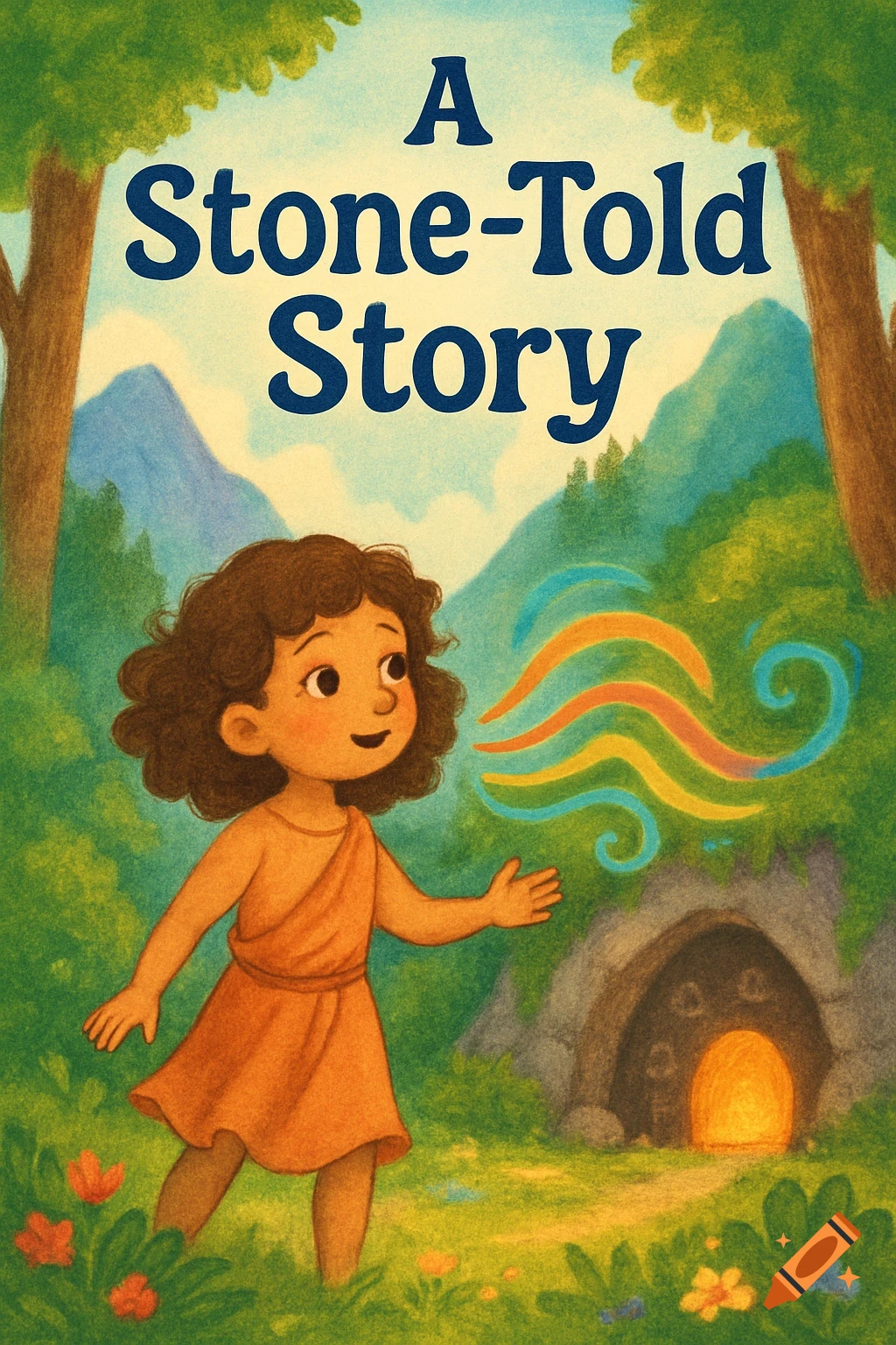 Illustration of a child in a magical forest near a cave with glowing swirls of color.