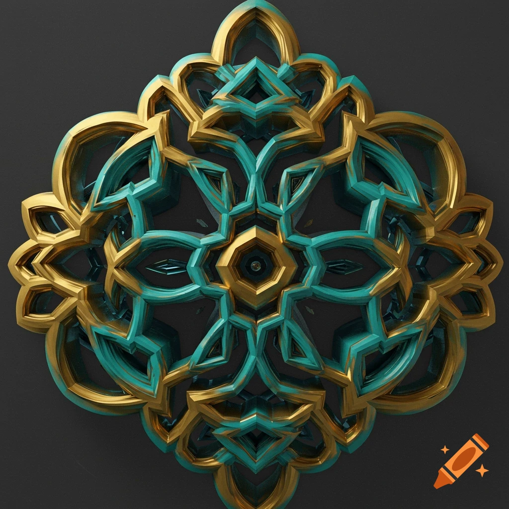 A detailed 3D rendering of a golden and teal Arabesque ornamental pattern on a dark background.