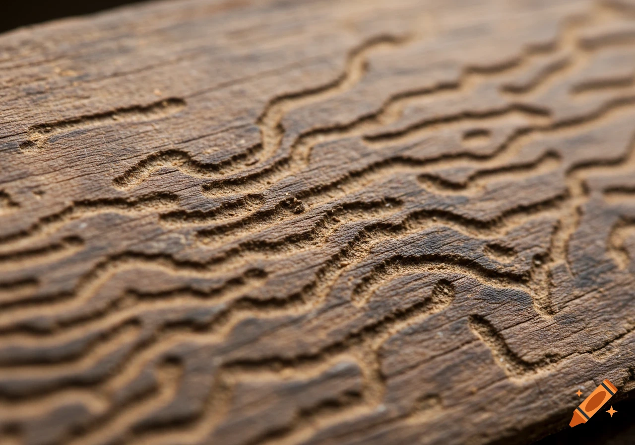 Close-up detail of intricate patterns carved into a weathered wooden surface.