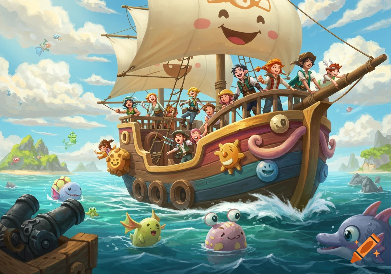 Cartoon illustration of a pirate ship with children and friendly fantasy creatures sailing on a bright blue sea.