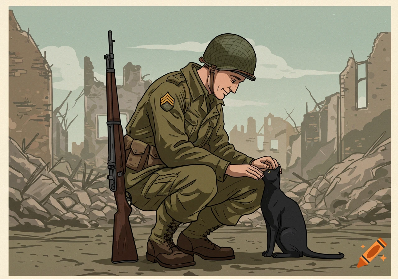 Illustration of a soldier petting a black cat in a ruined city.