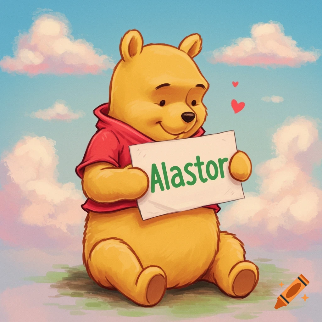Winnie the Pooh holds a sign with the name Alastor in green.