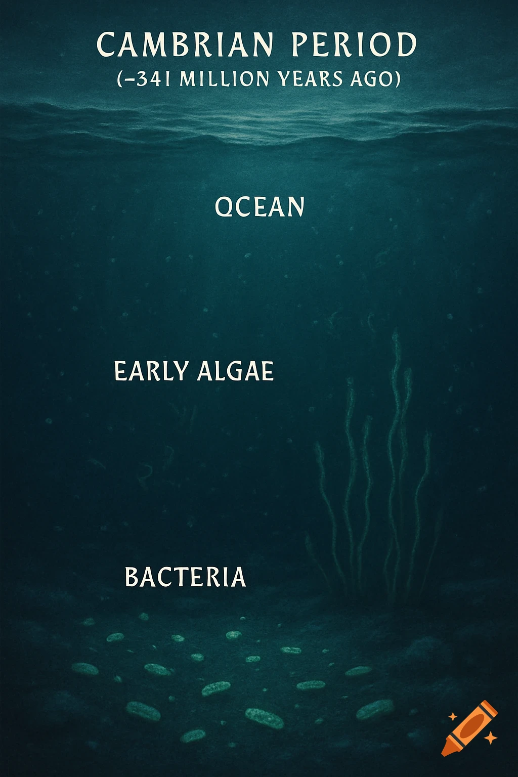 Diagram of Cambrian Period ocean floor labeled Ocean, Early Algae, Bacteria. Illustrative style.