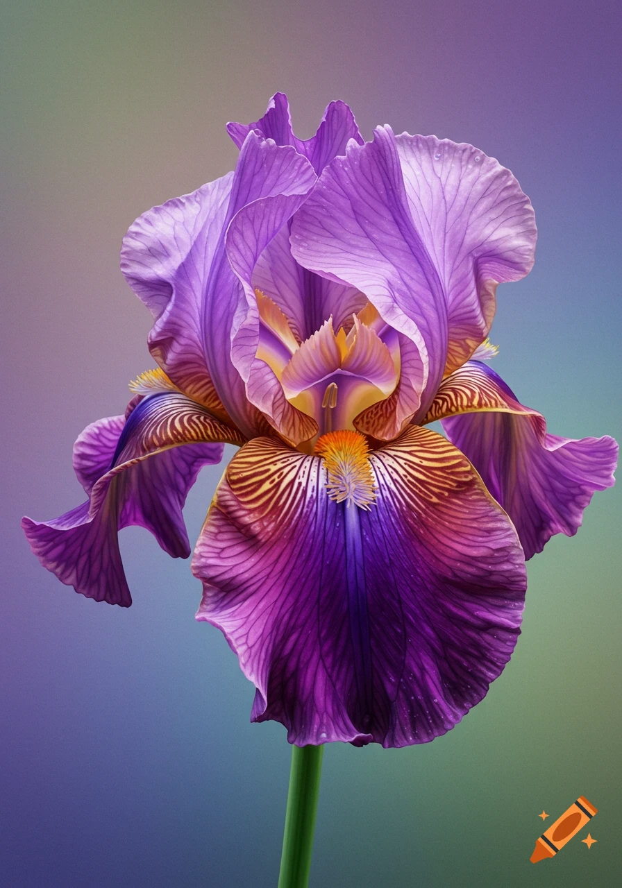 A close-up of a vibrant purple iris flower with yellow and brown markings on its petals.