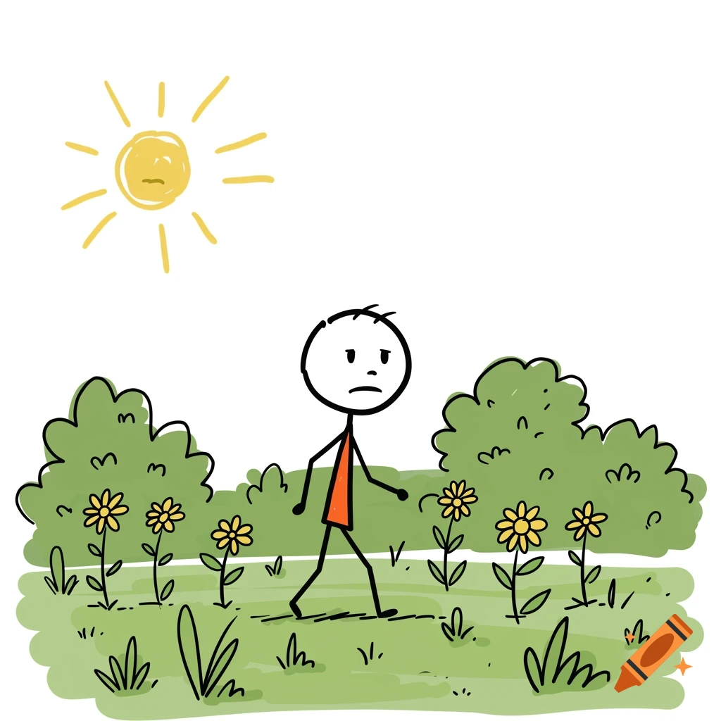 A stick figure illustration of a person walking through a garden with flowers under a sad sun.