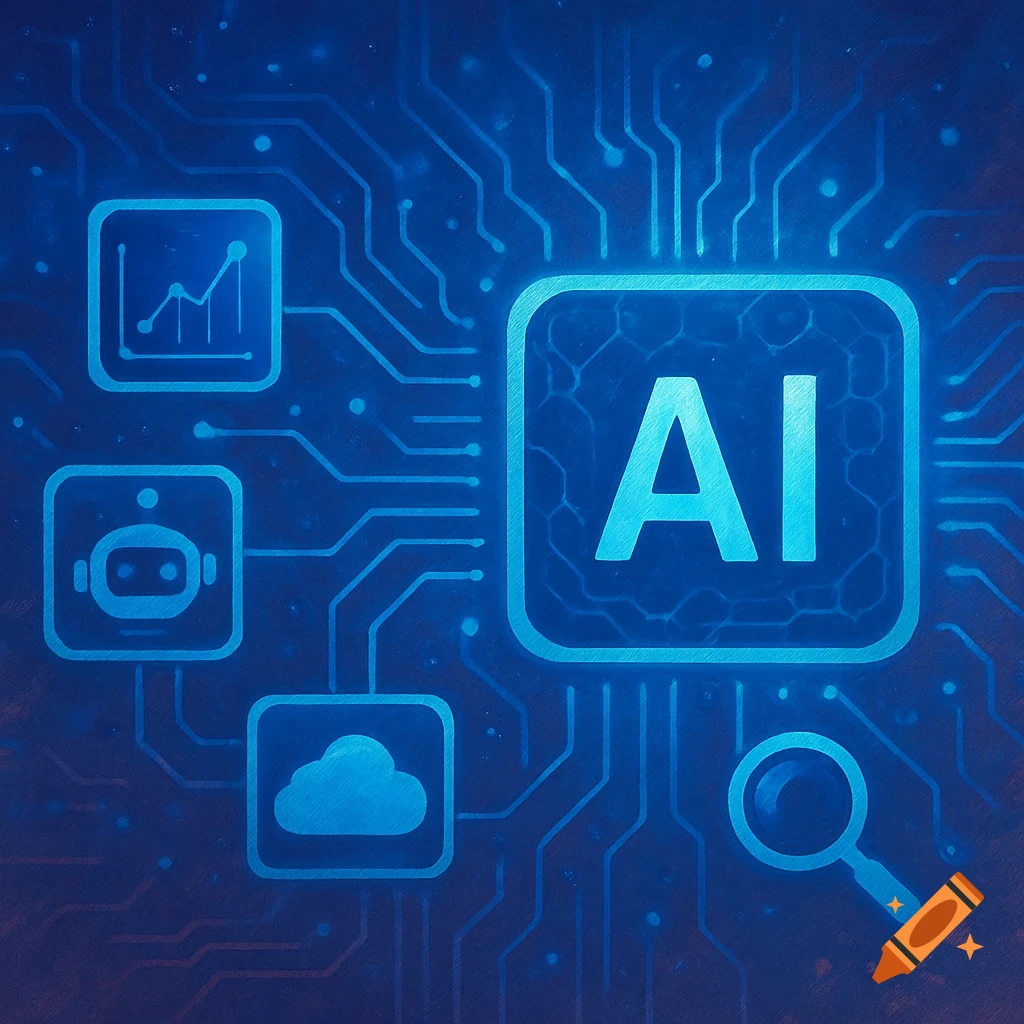 Blue background with a glowing circuit board pattern and icons for AI, graph, robot, cloud, and search.