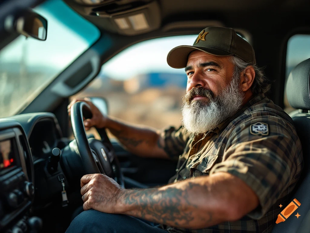 A bearded man wearing a cap drives a truck.