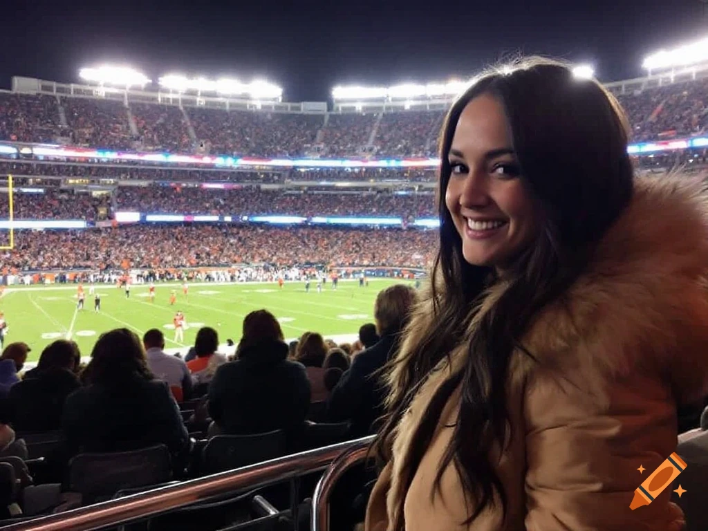 A woman smiles while watching a football game in a stadium.