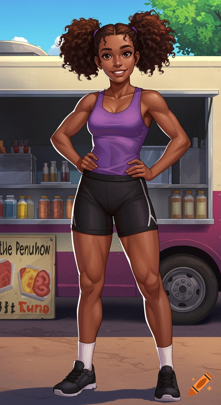 An athletic woman in a purple tank top and black shorts stands confidently in front of a food truck. Illustration.