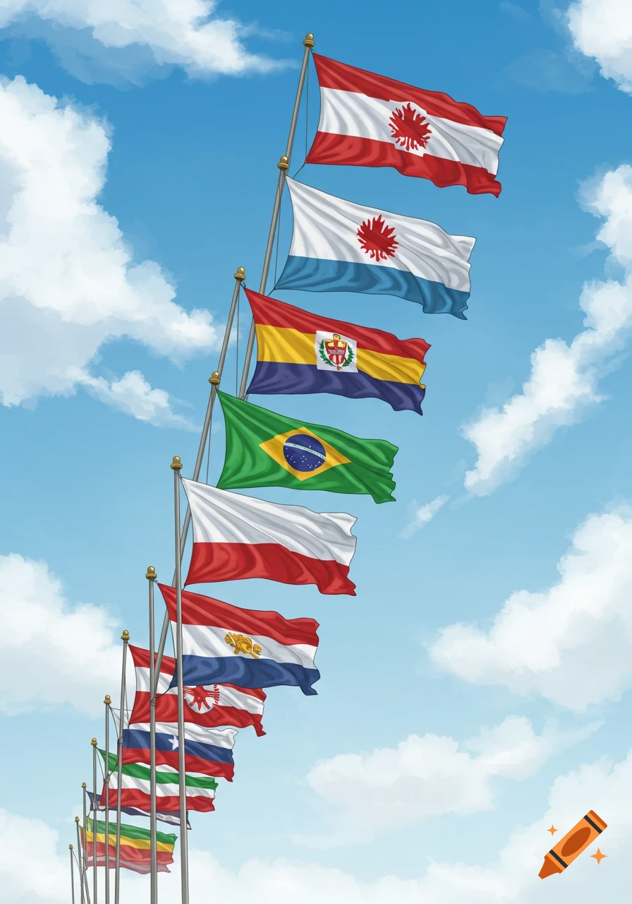 Illustration of several flags on poles flying against a blue sky with clouds.