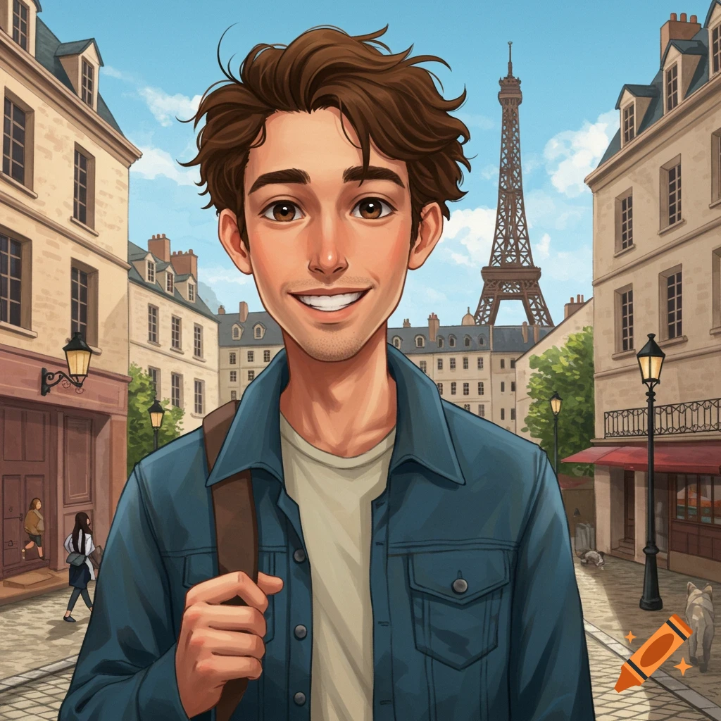 Illustrated portrait of a smiling young man with a backpack in a Paris street with the Eiffel Tower.