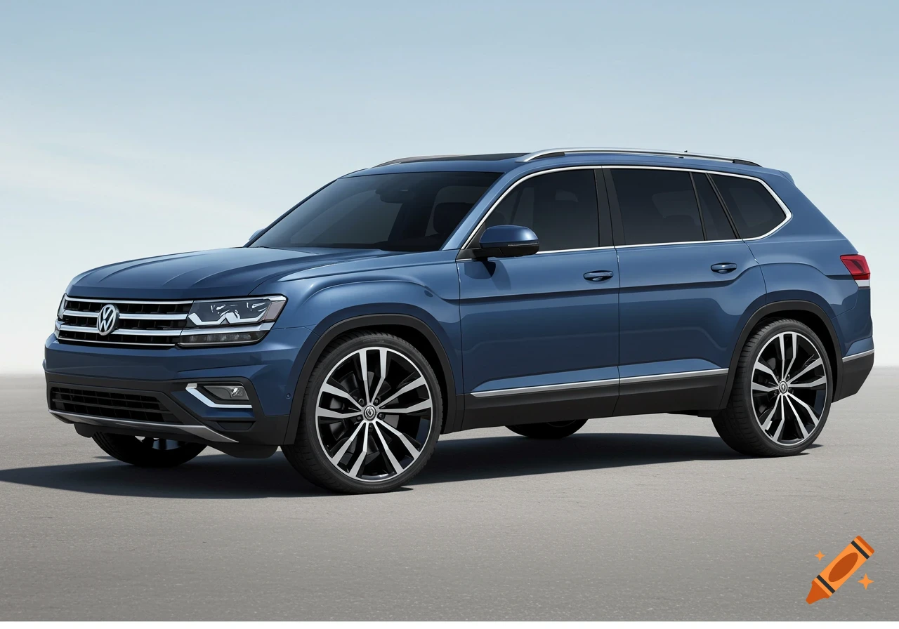 Blue Volkswagen Atlas SUV with tinted windows and chrome rims