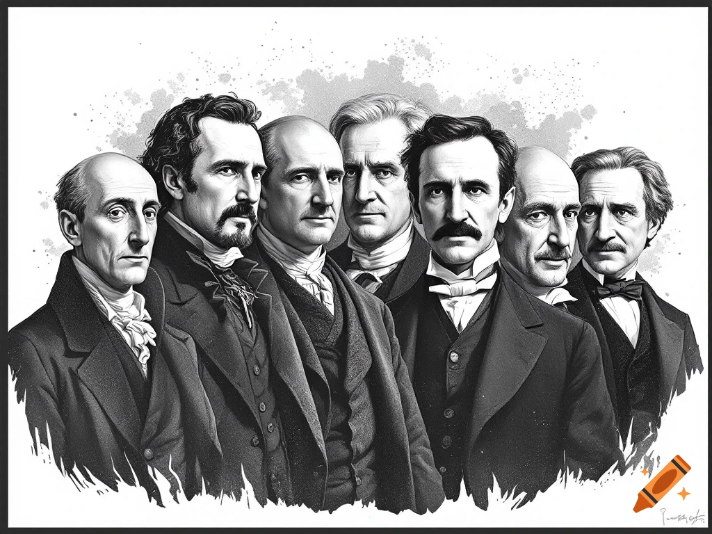 Black and white sketch of six historical men in suits