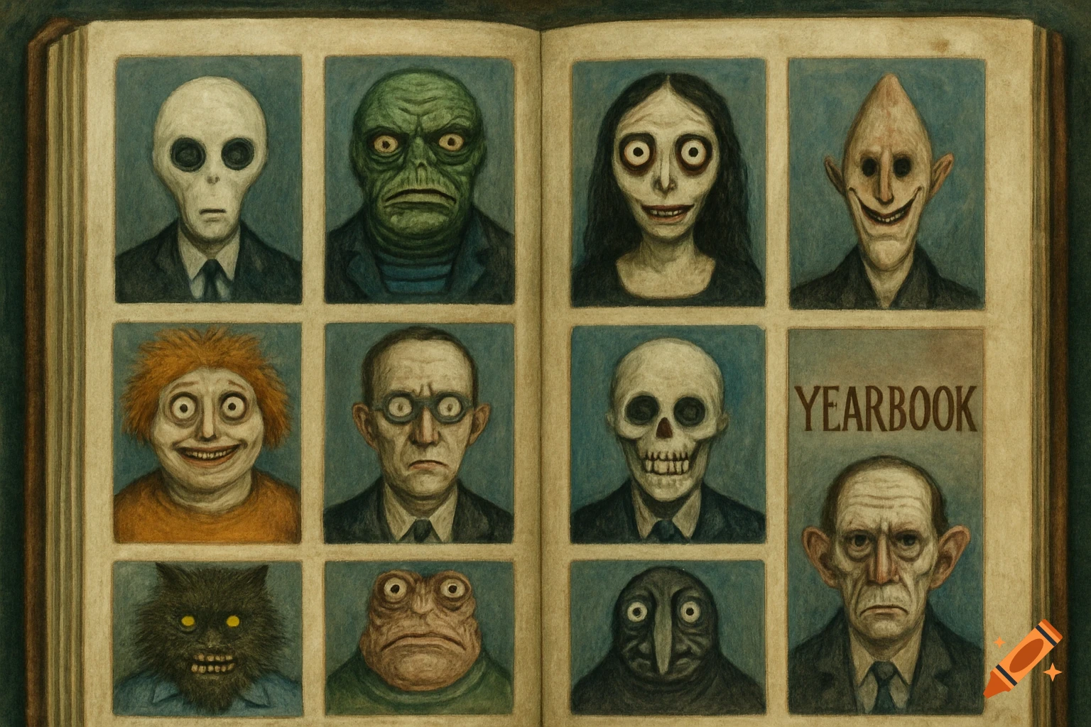 A page from a yearbook featuring portraits of strange, monster-like faces and a skull.