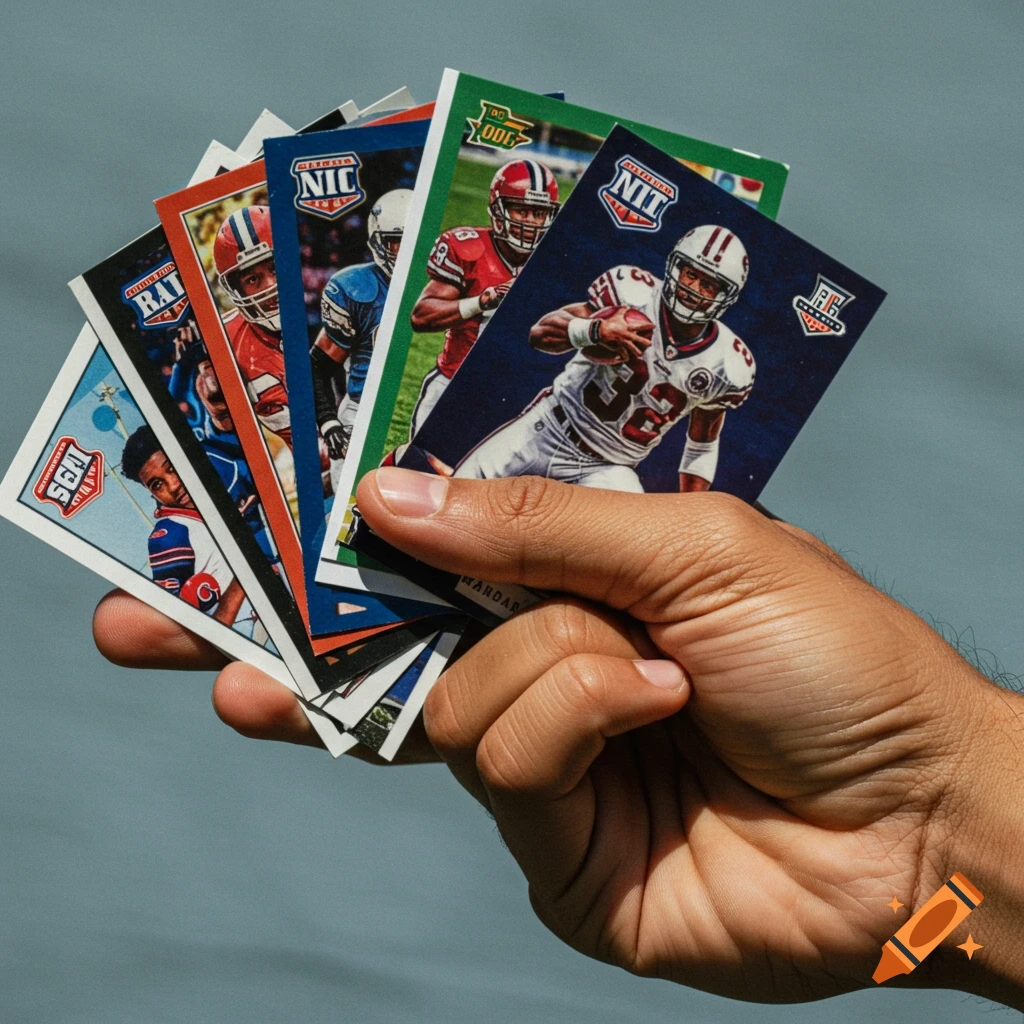 A hand holds a fan of football trading cards.