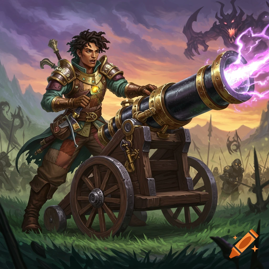 Fantasy art of an artificer firing a magical cannon on a battlefield.
