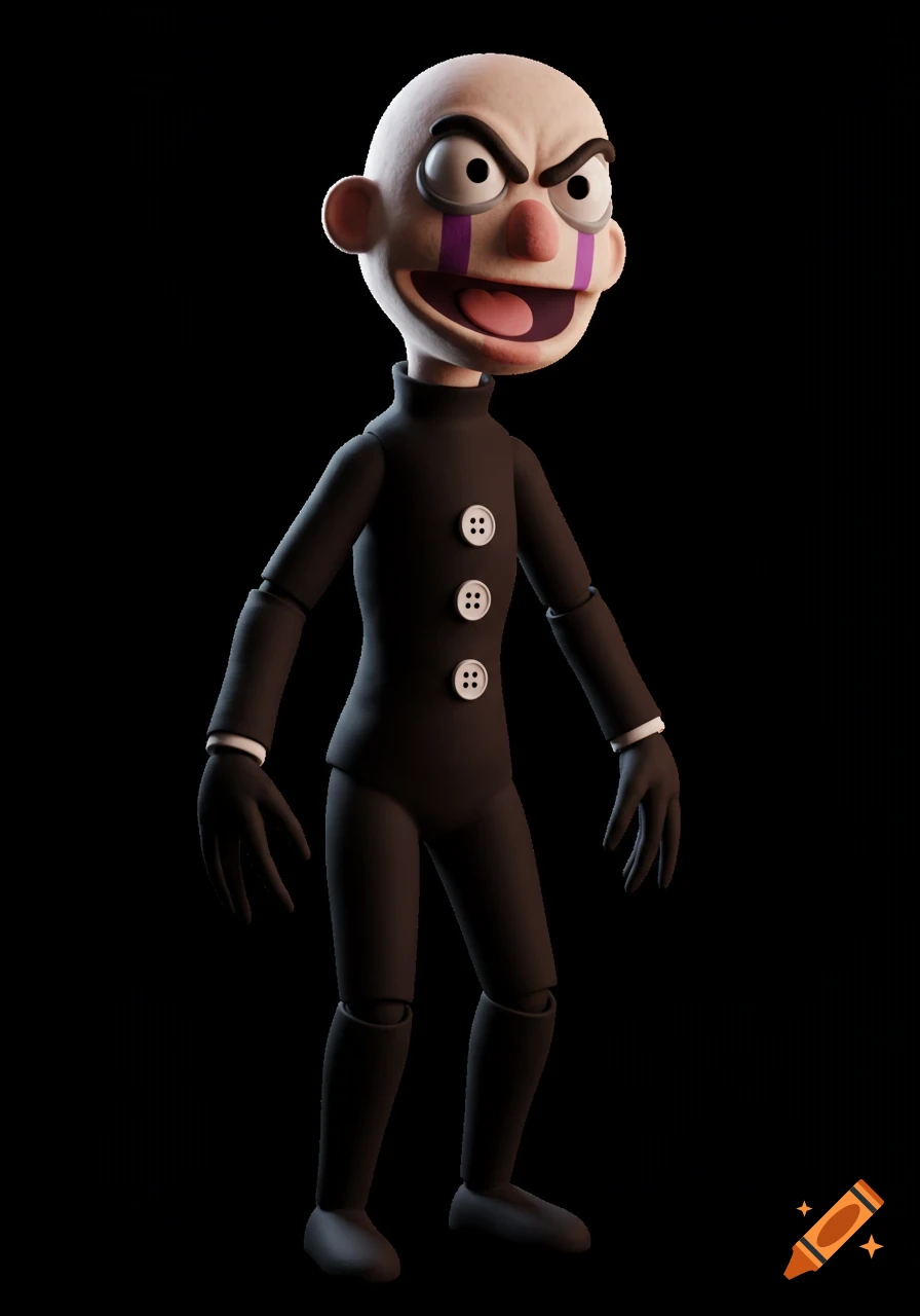 A stylized 3D render of a bald puppet character with purple marks under its eyes, wearing a black suit with buttons.