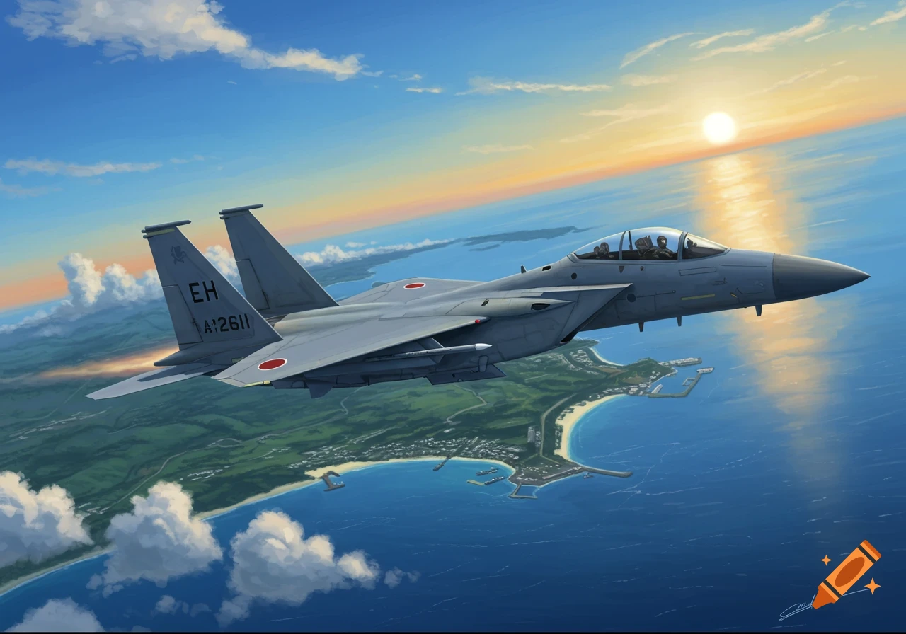 Illustration of a grey F-15EX jet flying over a coastal landscape and blue water under a bright sun.