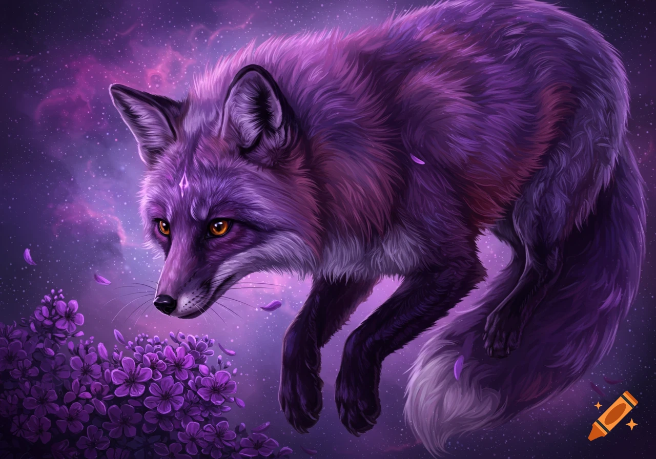 A fantasy illustration of a purple fox with glowing eyes, surrounded by purple flowers and petals in a starry, purple space.