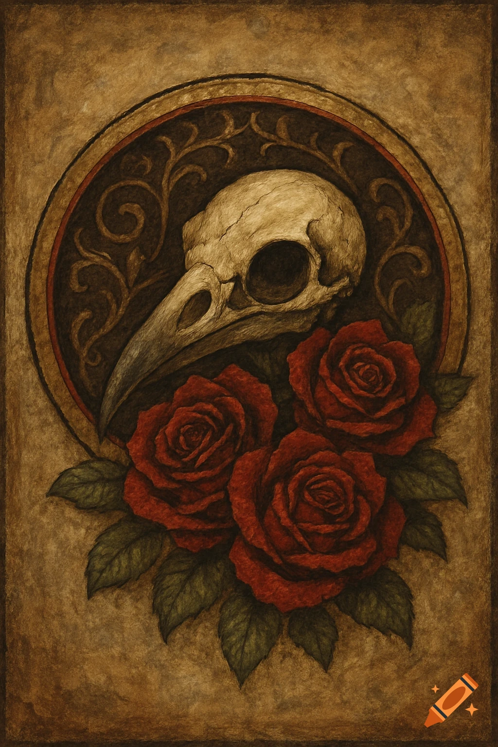 A medieval-style illustration of a bird skull resting on red roses within an ornate circular frame.