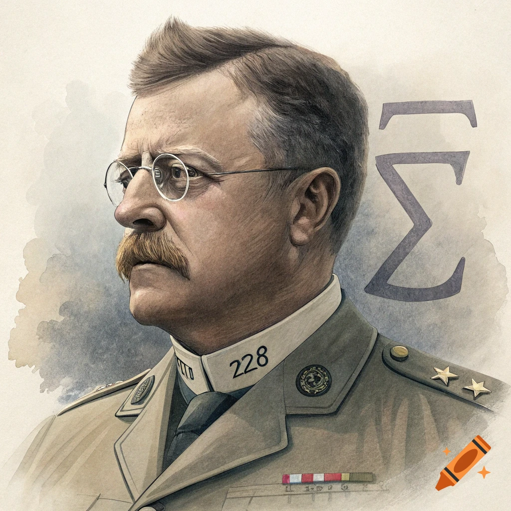 Watercolor portrait of Theodore Roosevelt in military uniform.
