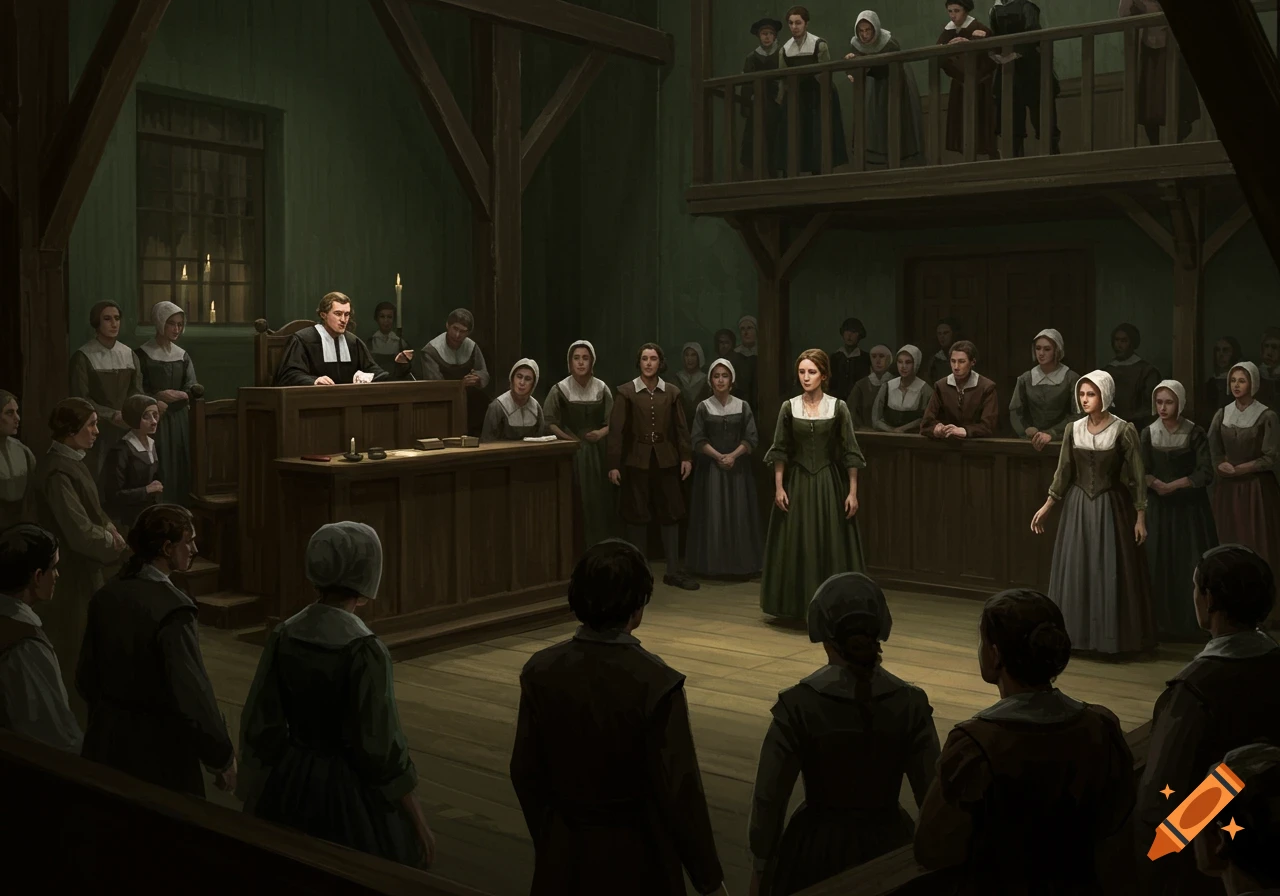 A historical courtroom scene with people in period clothing, a judge at a bench, and observers.