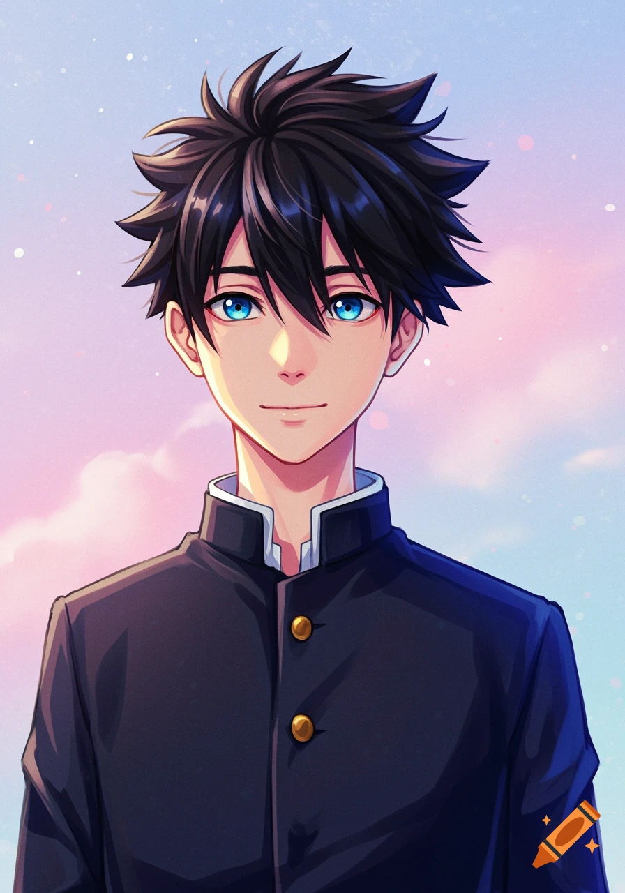 Anime portrait of a smiling teenage boy in a school uniform against a pastel sky.