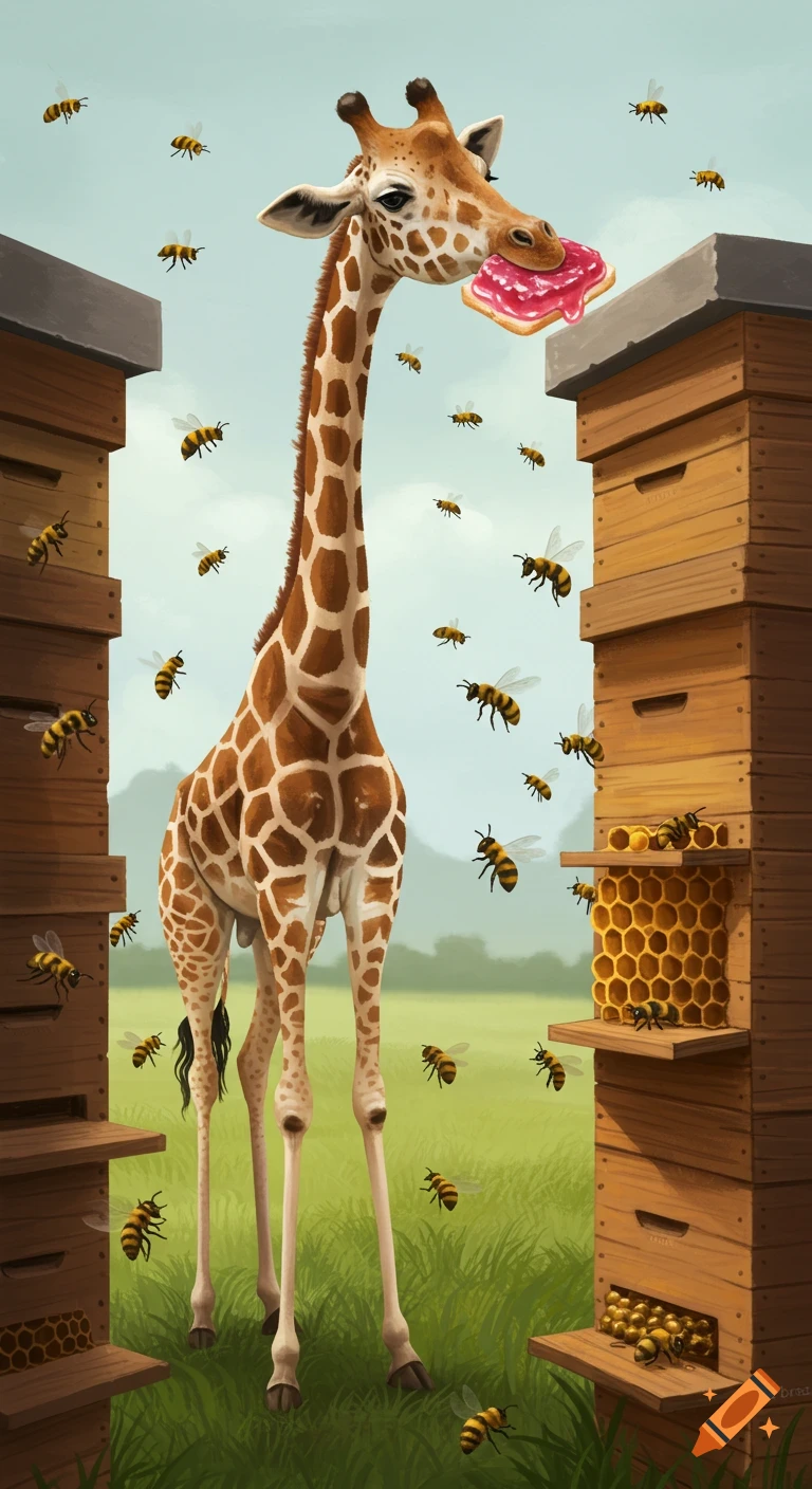 A tall giraffe eats a pink jelly sandwich while standing between two large beehives, surrounded by flying bees. Illustrated style.