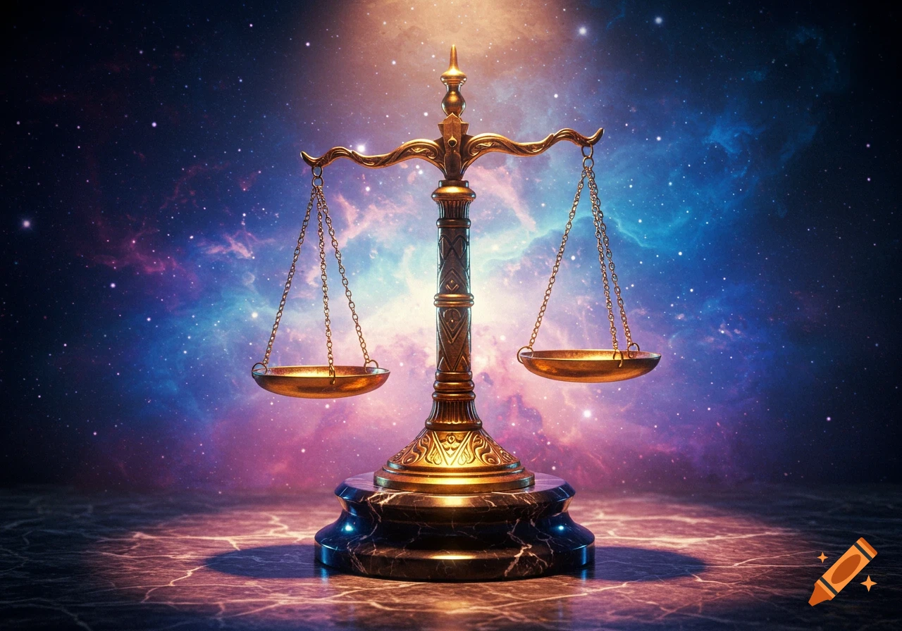 A golden justice scale stands against a backdrop of a starry, colorful nebula.